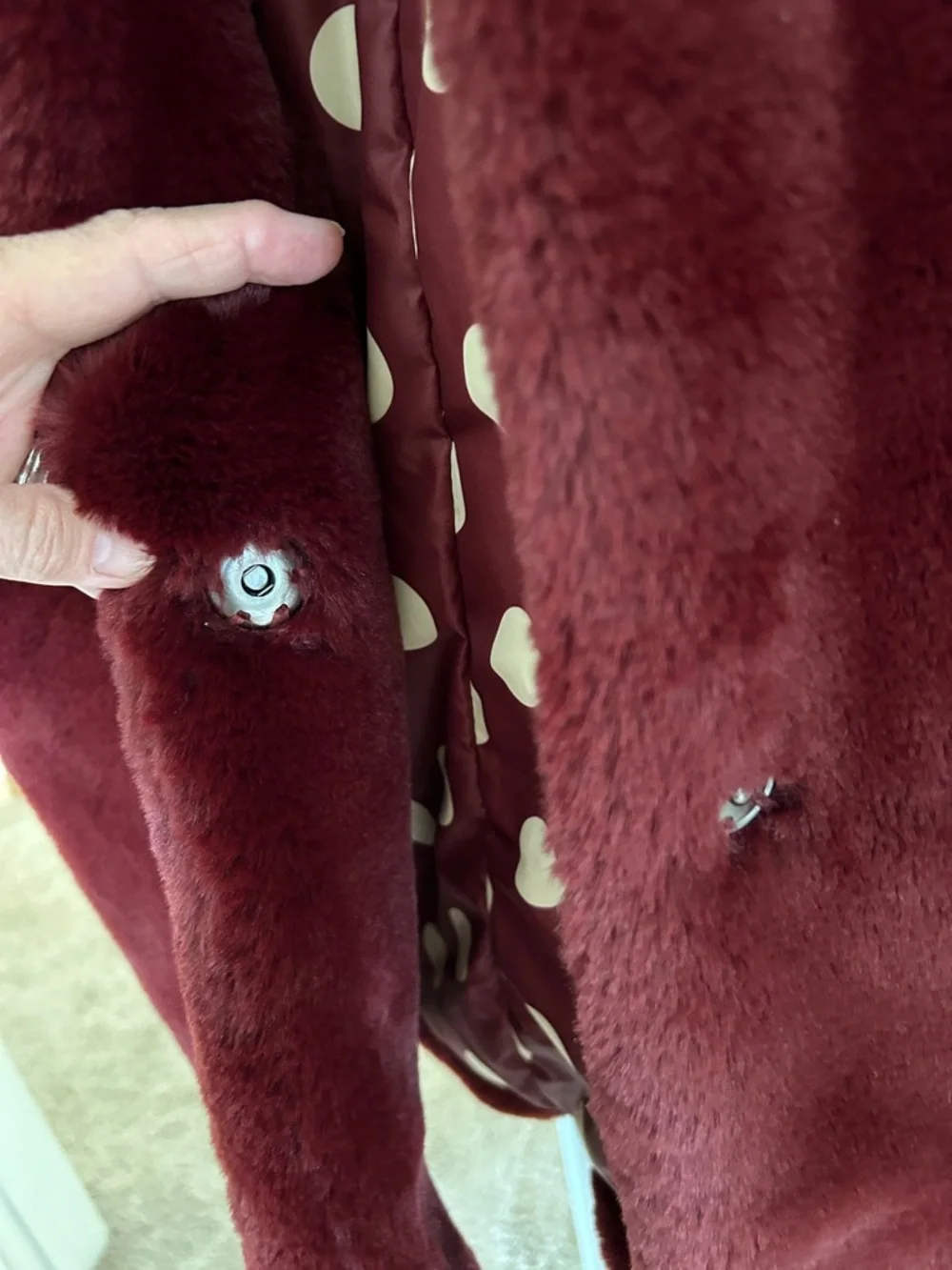 Sam Edelman Burgundy Faux Fur Coat with Black Accents - Picture 8 of 9